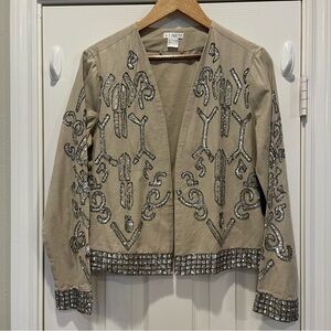 Venus Linen Blend Blazer Women’s  10 Jacket Embellished Sequin Beaded Beige Boho